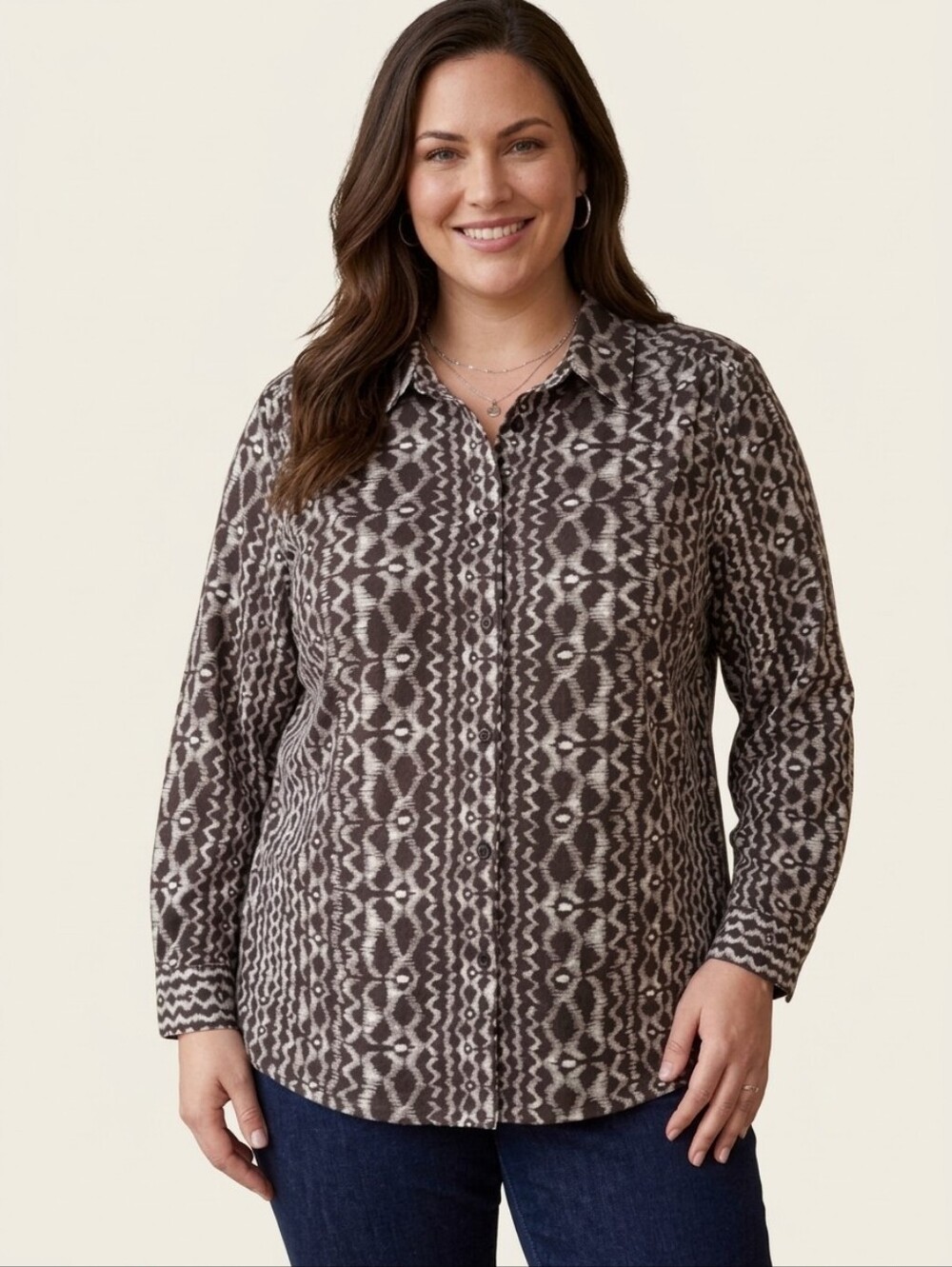 Roaman's Geometric Ikat Long Sleeve Button Front Tunic Top Size 4X EUC